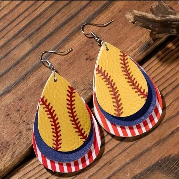 Multi-Layer Softball PU Leather‎ Earrings - Picture 1 of 3